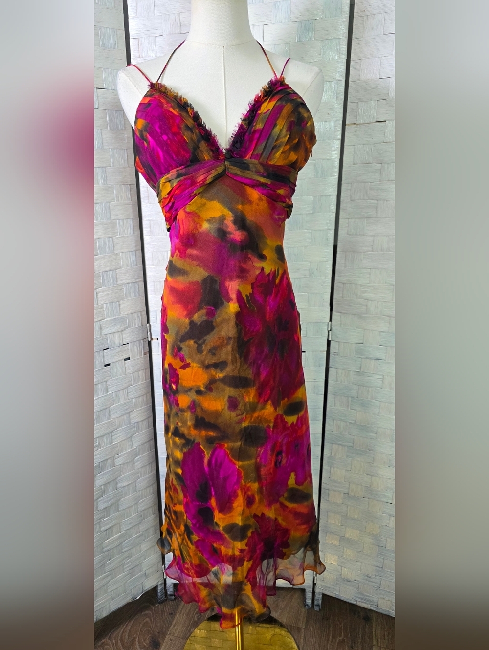 Cache Silk Midi Dress in Magenta, Orange, Brown
